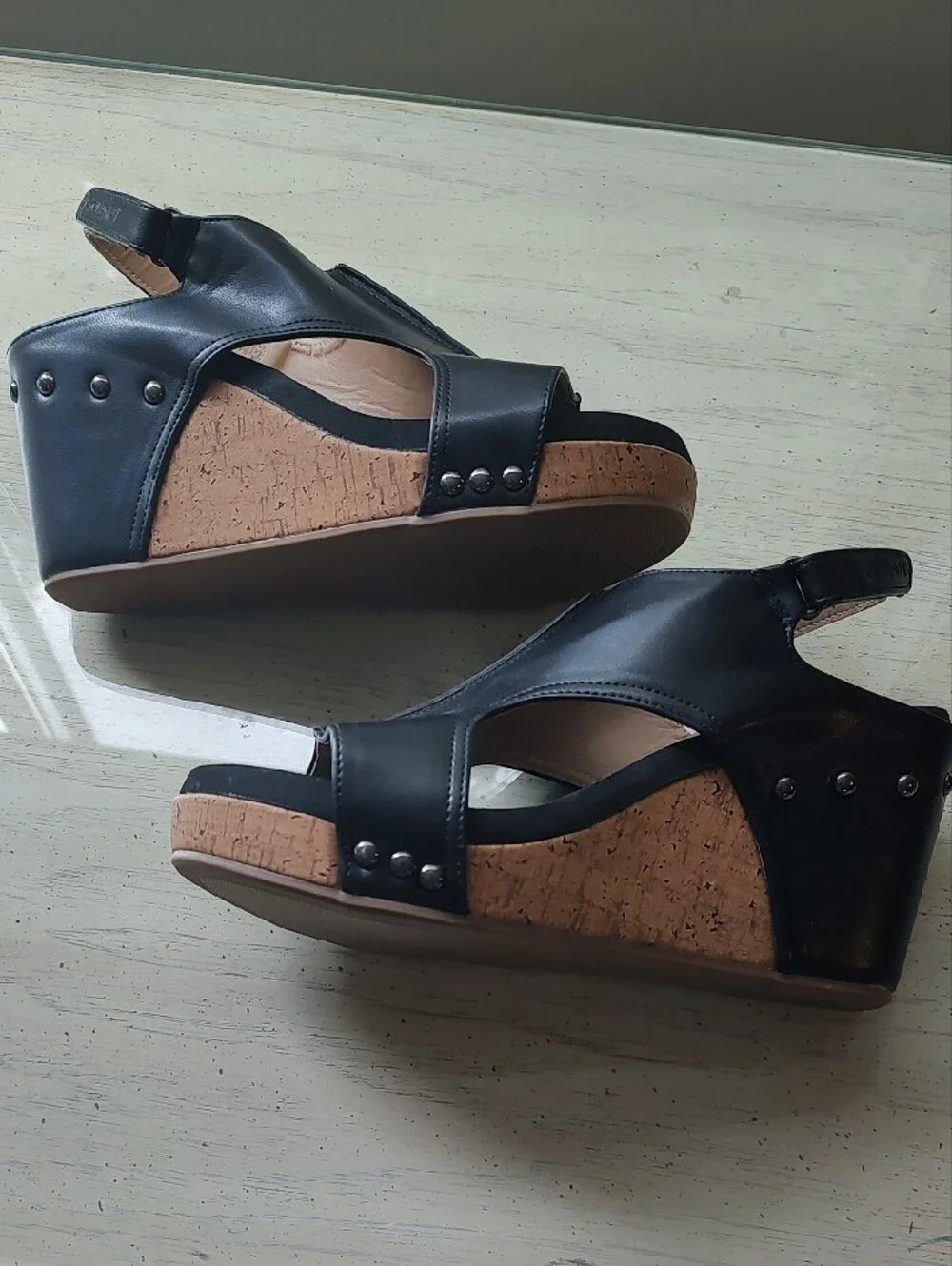 Black Cork Wedge Sandals with Slingback Strap